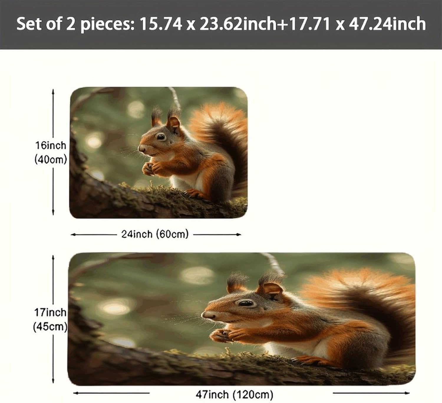 Wildlife Forest Squirrel Kitchen Mat Washable Non Slip Rugs Soft Kitchen Mats for Floor Set of 2 PCS Cushioned Absorbent Runner Standing Rugs for Home Sink Laundry Office