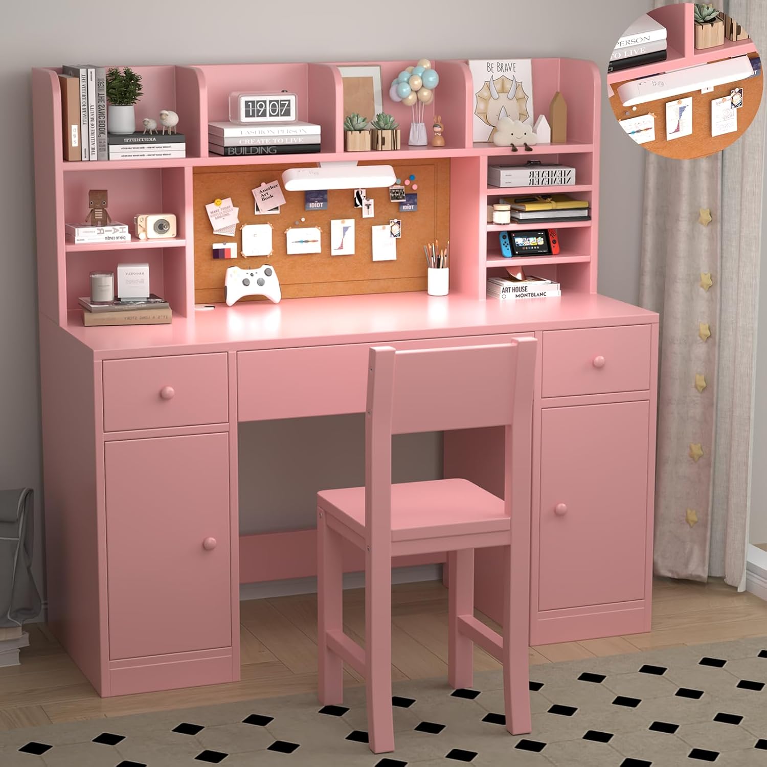 48x20Inch Wooden Pink Kids Study Desk and Chair Set with Light, 3 Drawers and 4 Storage Cabinets, Children Desk with Hutch and Shelves, Girls Study Desk for Kids Bedroom-001