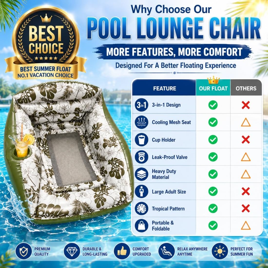 Fauteuil Gonflable Piscine 3-en-1 Adulte, hamac Flottant en U avec Porte-gobelet et siège Filet pour Piscine, lac, Plage et Vacances