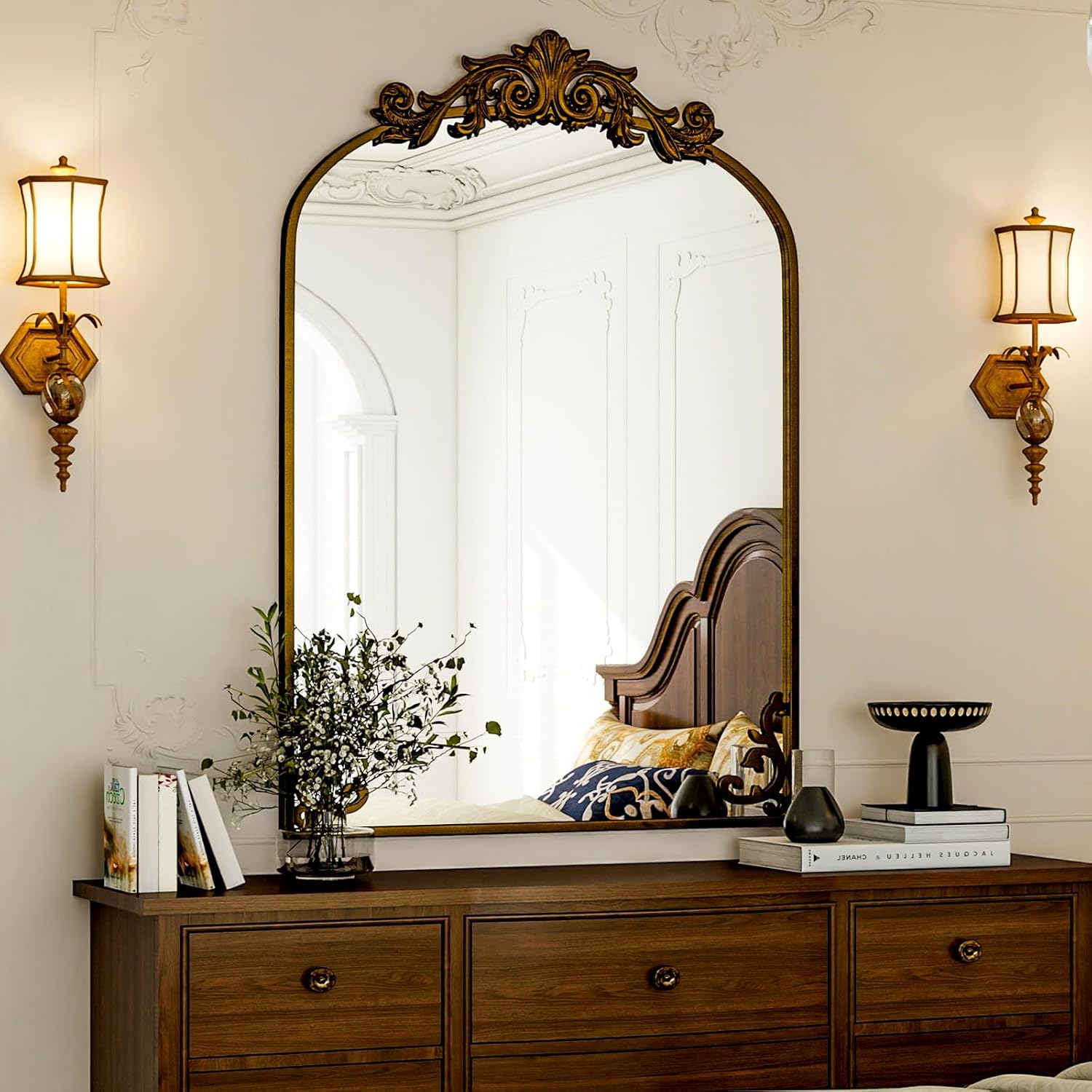 GLSLAND Vintage Mirror 38"x 26" Arched Wall Mirrors Gold Carved Arched Mirror with Metal Frame Baroque Wall-Mounted Mirror for Bathroom/Living Room/Entryway,Bronze Bronze 38"L x 26"W