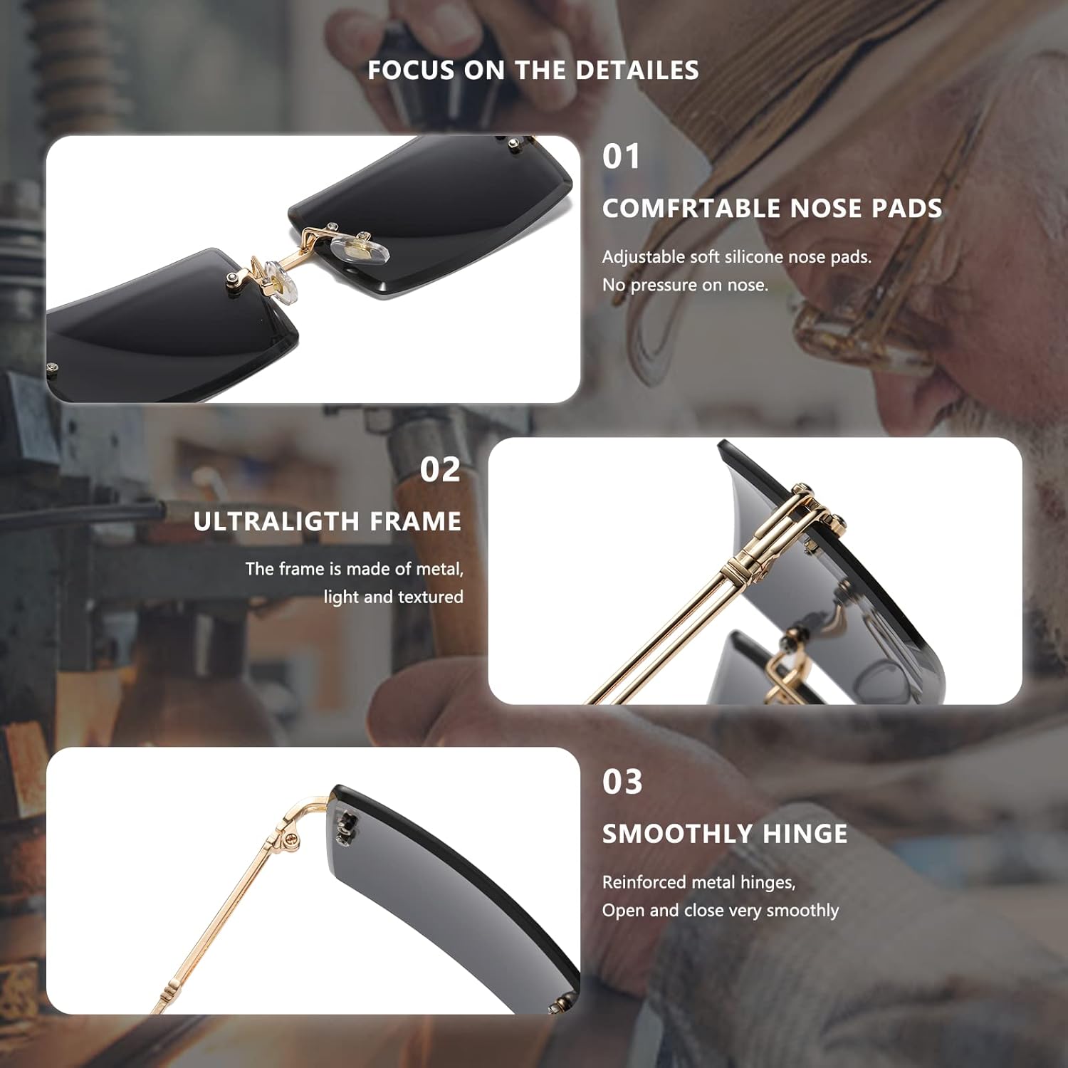 LASPOR Retro Rimless Rectangle Sunglasses for Women Men Tinted Lens Gold Metal Frameless Vintage Square Glasses - Image 6