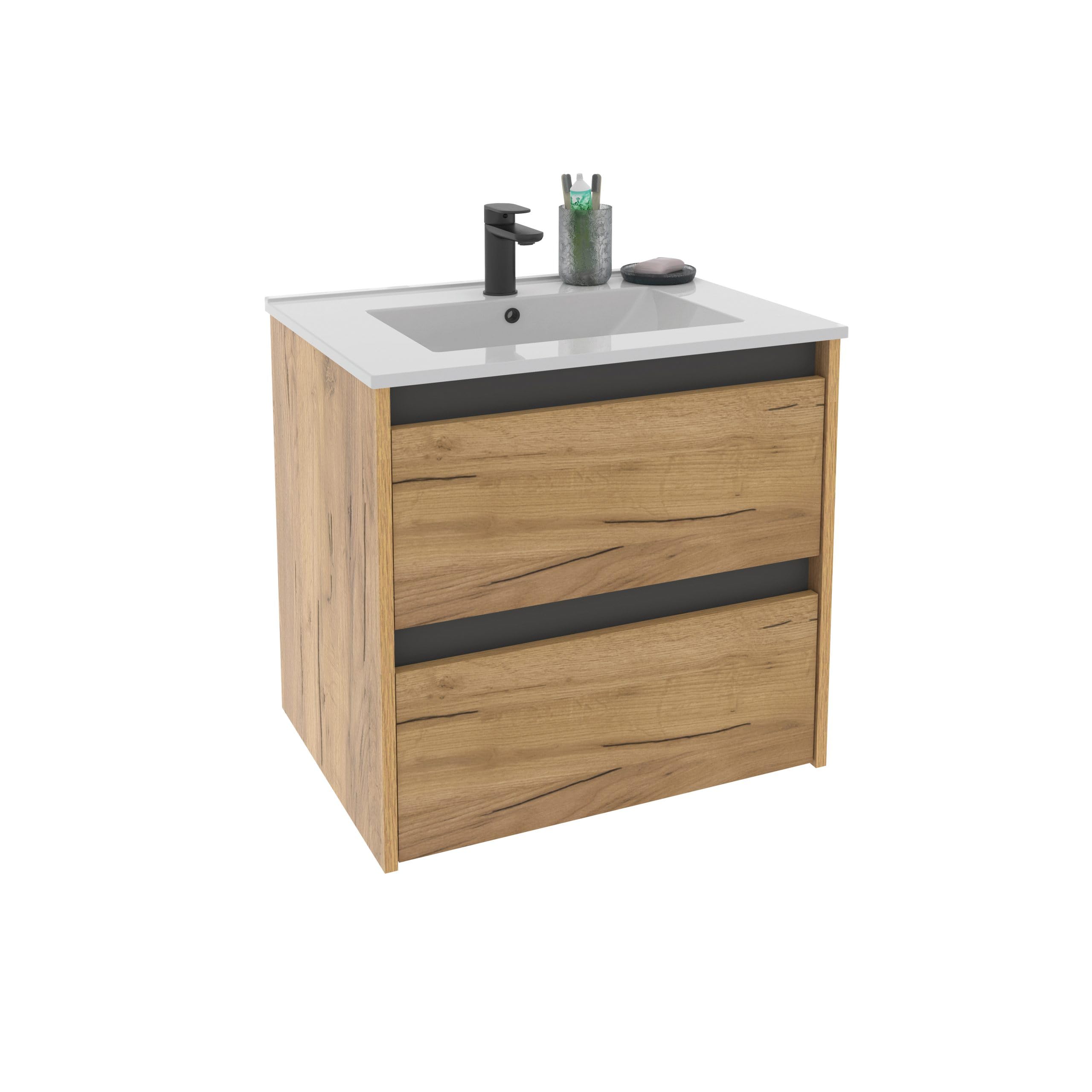 MUEBLES PITARCH Mueble de Baño 60cm Ancho, suspendido, 2 Cajones, Roble Kraft con un Toque Gris, para Lavabo encastrado, Estilo Moderno Modelo Nilo