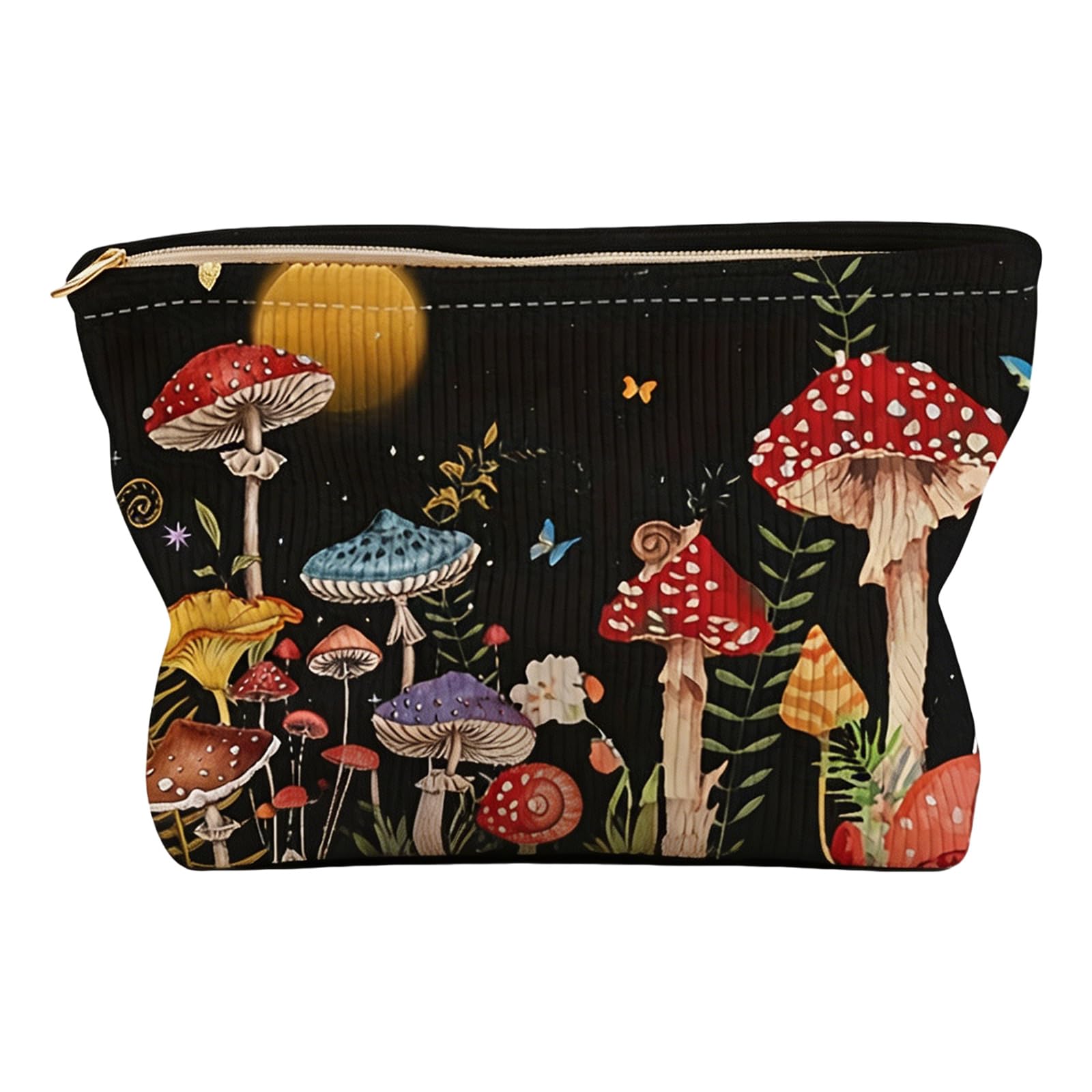 Buxuaaaa Sturdy Corduroy Zippers Bag with Unique Moons Mushroom Print Ideal for Small Items Velutinous Storage Bag with Pack