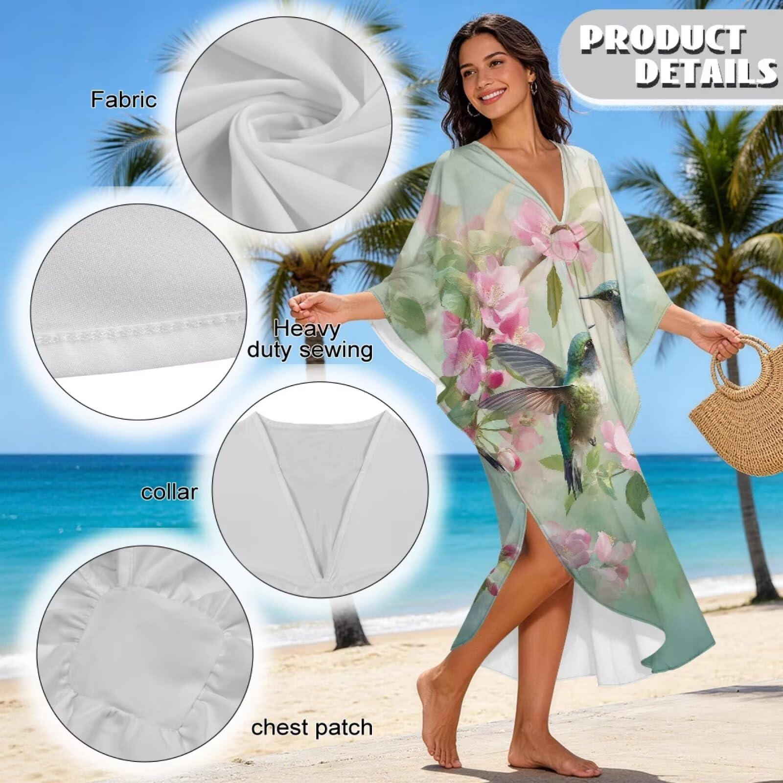 Poceacles Sukienka kaftan plus size dla kobiet sukienka maxi strój kąpielowy okrycie dekolt w serek rękaw nietoperz boczne rozcięcia kaftan