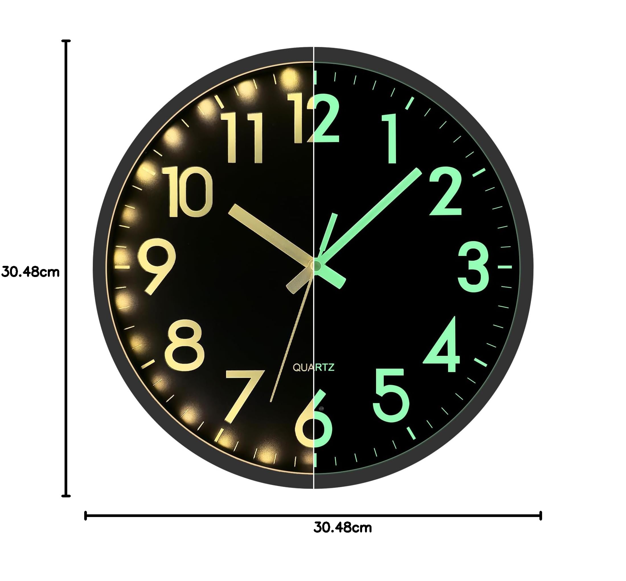 JoFomp Horloge murale LED pour chambre à coucher, lumière nocturne, 30,5 cm, horloge murale silencieuse à piles, horloge murale lumineuse pour décoration de salon, horloge murale moderne