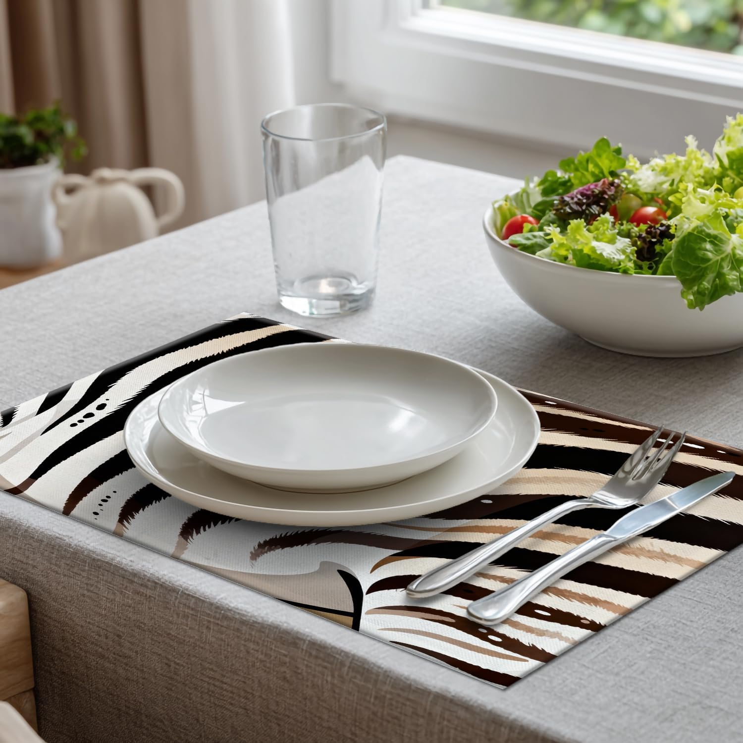 Batmerry Zebra Animal Black Placemats,Black and White Animaled Stripe Zebra Washable Linen Table Mats for Kitchen Table Double Insulation Decor Dining Set Indoor Outdoor 12X18 in Set of 4