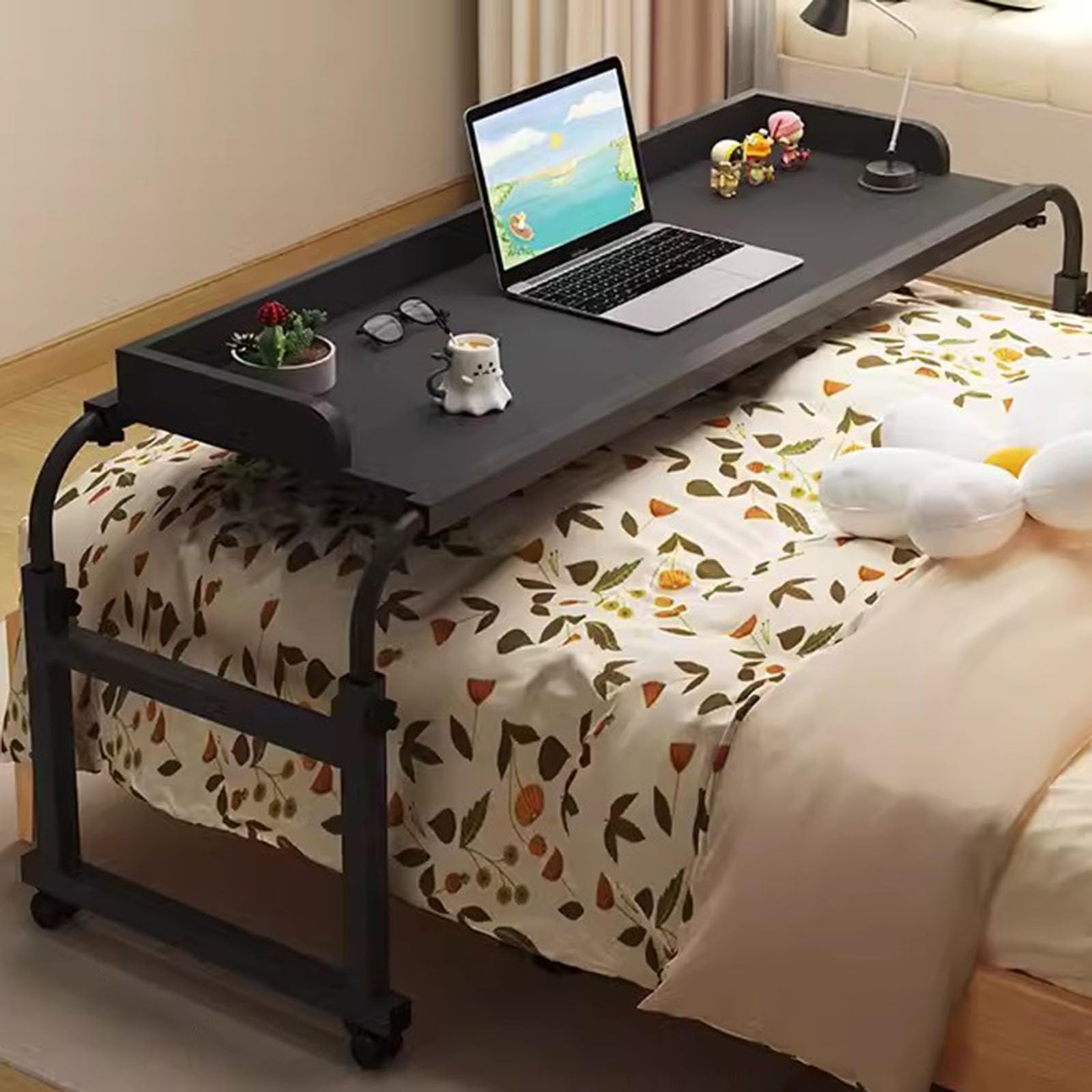 Table De Lit Croisée avec roulettes,de Nourriture Table Médicale Roulante pour Bureau Réglable en Hauteur Et en Longueur Bureau De Chevet Mobile pour Ordinateur Portable(Color:Noir)