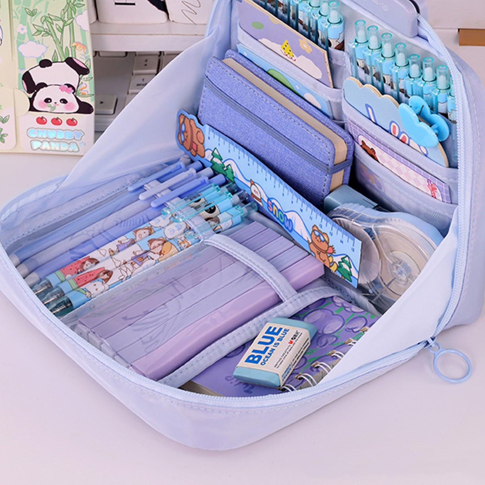 Astuccio con 12 scomparti, ad alta capacità, per matite e pennarelli, per articoli artistici, da viaggio, per cosmetici, per la scuola, Blu, Bellezza di massa