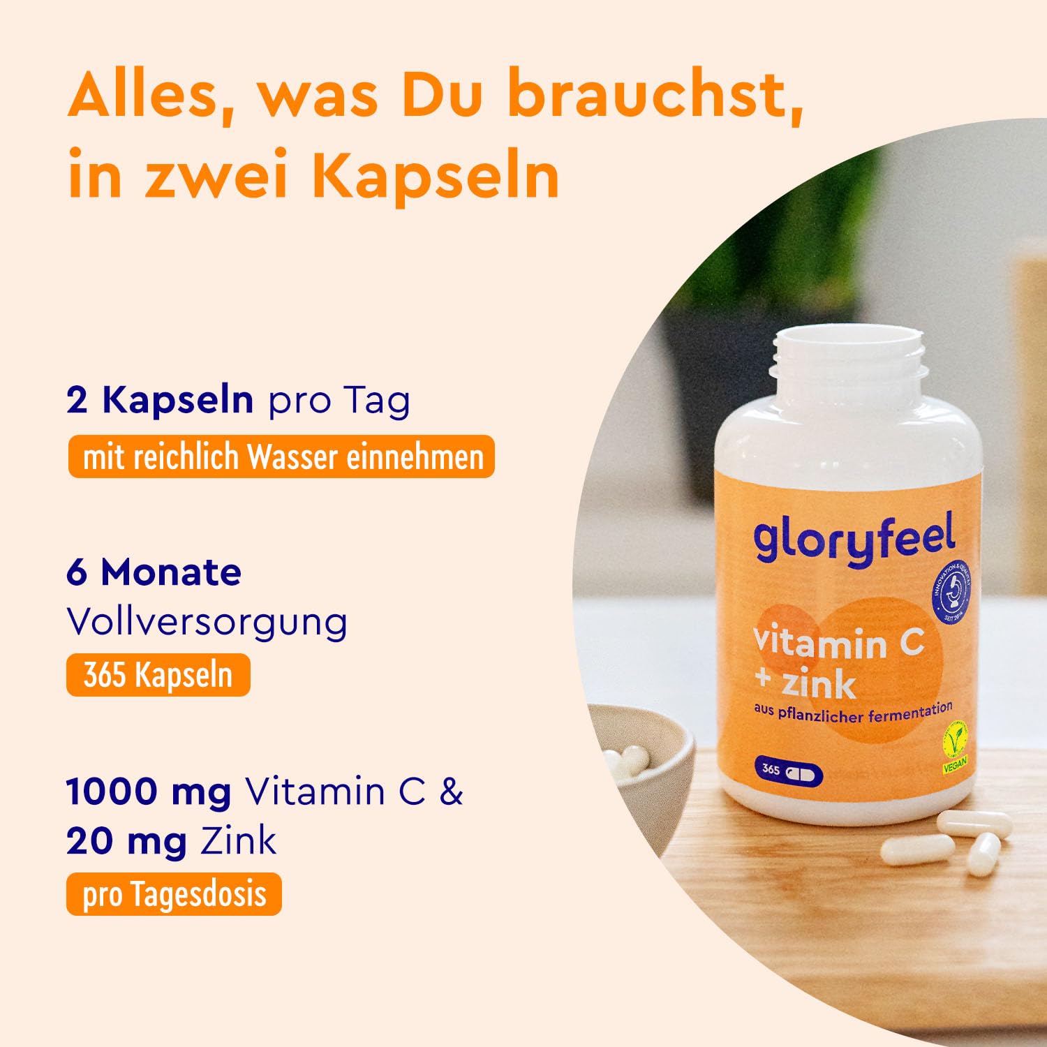 Vitamin C 365 Kapseln - Hochdosiert mit 1000mg + 20mg Zink - Pflanzlich fermentiert & gepuffert (pH-neutral, säurefrei, magenschonend) - Laborgeprüft, vegan ohne Zusätze hergestellt