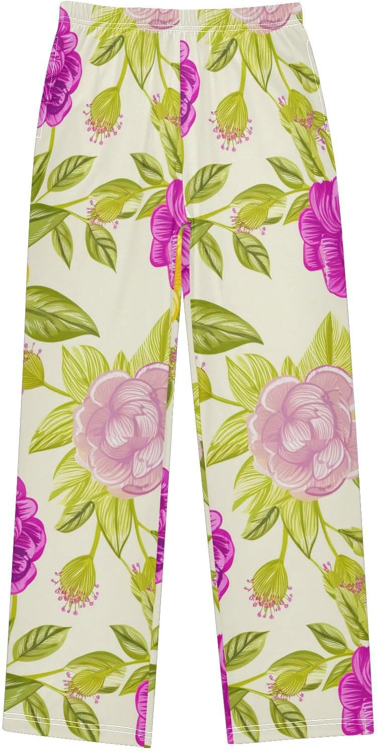 J JOYSAY Camellia Foliage Drawing Beige Pajamas Pants Soft Long Pajama Bottoms Lounge Sleep Pants Size S-XL