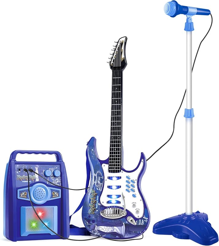 deAO Musical Guitar Play Set,Adjustable Height Microphone,Amplifier Set with Stand,Music Light Karaoke Music Toys Birthday for Kids Boys Girls | 3-in-1 Guitar and Microphone Music Kit, Adjustable Heigh Mic Stand, AUX Input & 6 Demo Songs,Music Role Play Gift for Kids