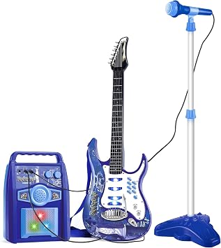 deAO Musical Guitar Play Set,Adjustable Height Microphone,Amplifier Set with Stand,Music Light Karaoke Music Toys Birthday for Kids Boys Girls