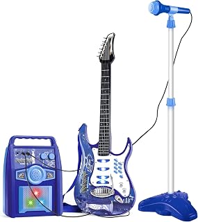 deAO Musical Guitar Play Set,Adjustable Height Microphone,Amplifier Set with Stand,Music Light Karaoke Music Toys Birthday for Kids Boys Girls