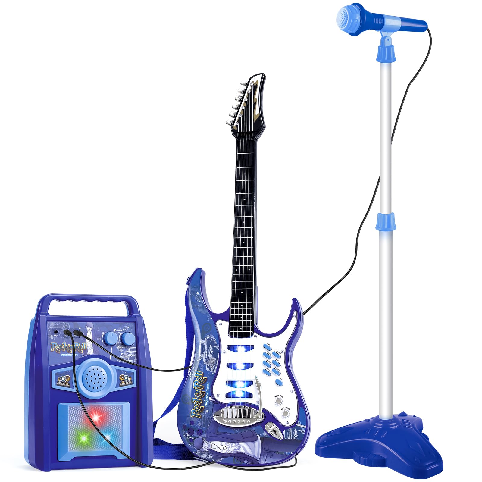 deAO Musical Guitar Play Set,Adjustable Height Microphone,Amplifier Set with Stand,Music Light Karaoke Music Toys Birthday for Kids Boys Girls