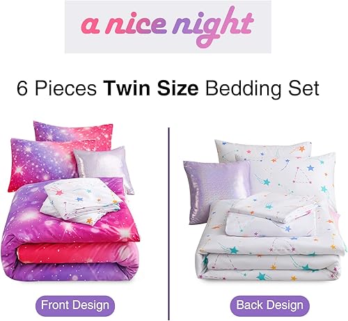 Miniatura 6 de A Nice Night Juego de ropa de cama de 6 piezas con purpurina degradada para niñas, juego de edredón colorido de galaxia arco iris, juegos de ropa