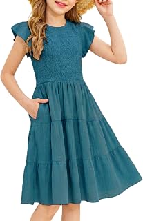 Arshiner Girls Flutter Sleeve Smocked Tiered Midi Sundress with Pockets | Girls Tween Summer Elastic Waist Dress For Kids 5-12 Years