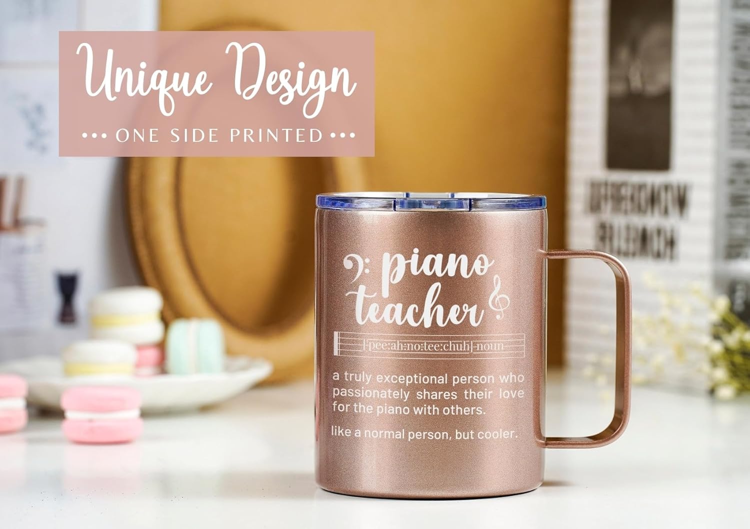 Onebttl Piano Teacher Gift for Women, 12oz/350ml Stainless Steel Insulated Coffee Mug with Lid - Rosegold - Image 3