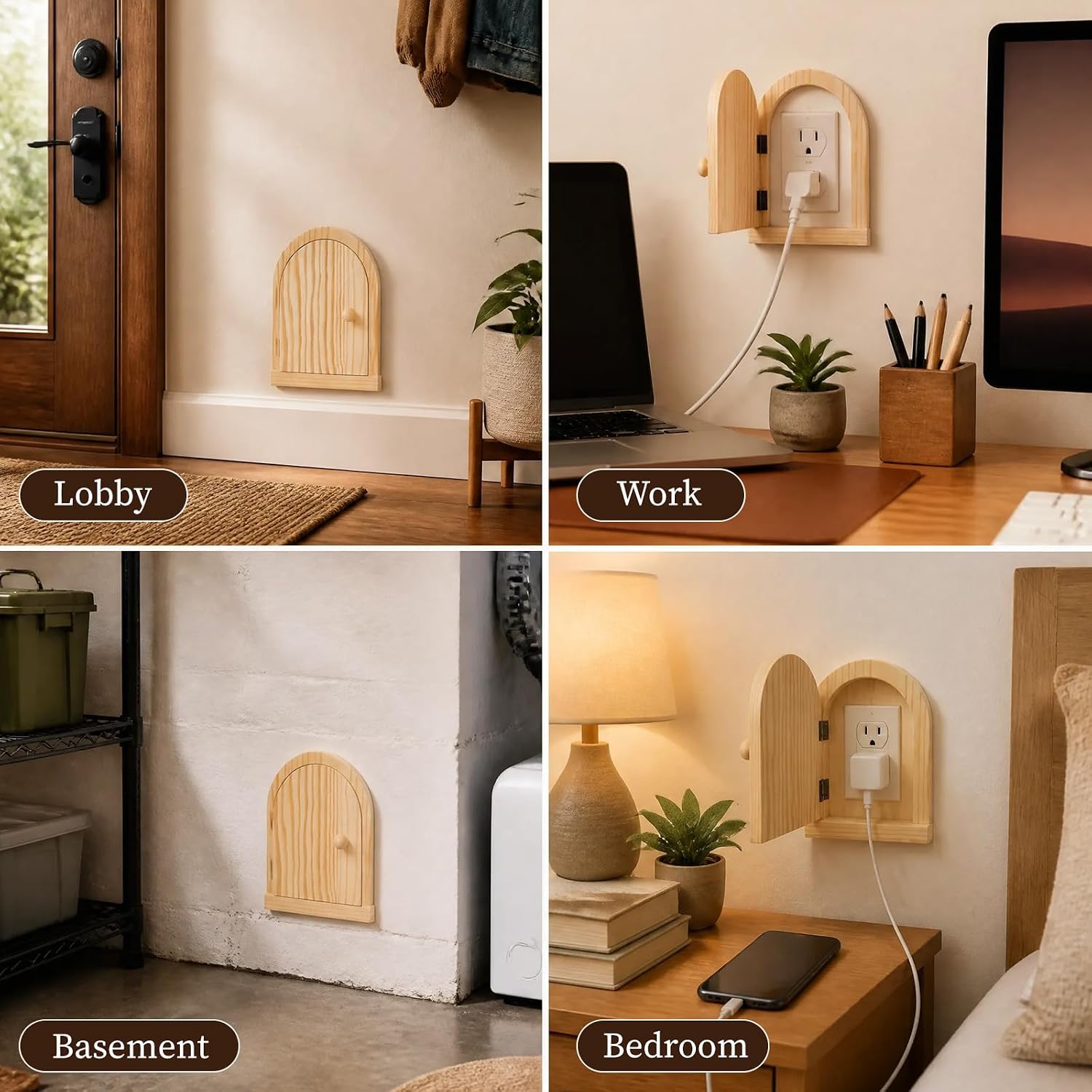 2 Pcs Fairy Door Outlet Covers, Wooden Outlet Covers, Wood Door Shape Romantic Fairy Doors Outlet Cover Plate, No Drilling Outlet Cover Plates, Decorative Wall Outlet Cover for Children and Pets