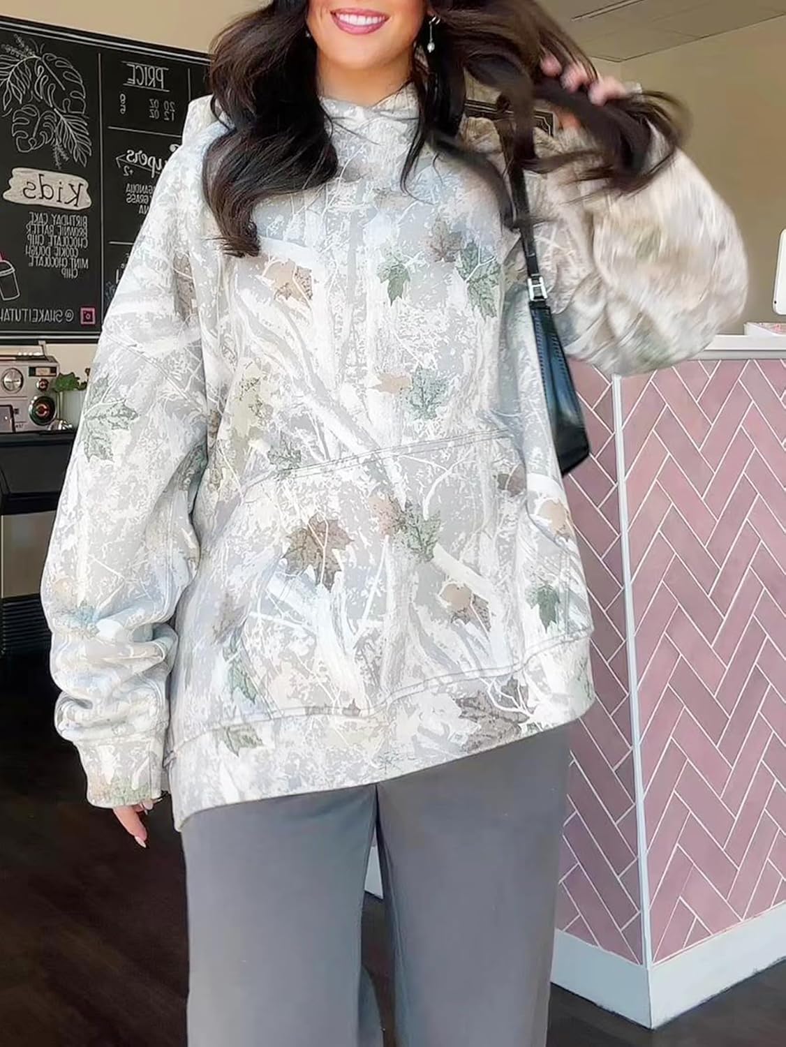 Womens Camo Maple Leaf Hoodie Oversized Lightweight Printed Fleece Hooded Sweatshirt with Pocket - Image 2