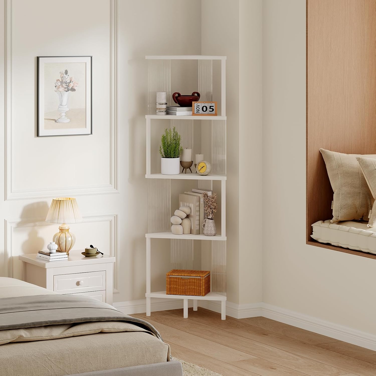 YATINEY 5-Tier Corner Shelf, Corner Bookshelf for Small Space, White CJ12WW | Freestanding Corner Shelf Stand, 5-Tier, 50.2" Tall, Small Bookcase, Clear Acrylic Sides, for Living Room, Bedroom