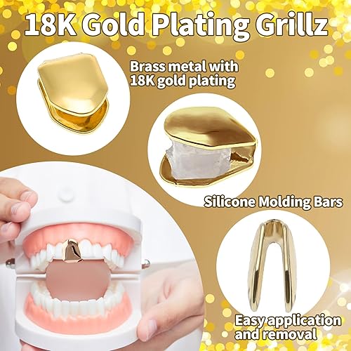 Miniatura 3 de 3 piezas chapadas en oro de 18 quilates con acabado dorado Grillz de dientes individuales corona de tapa de dientes, parrillas de boca Hip Hop con
