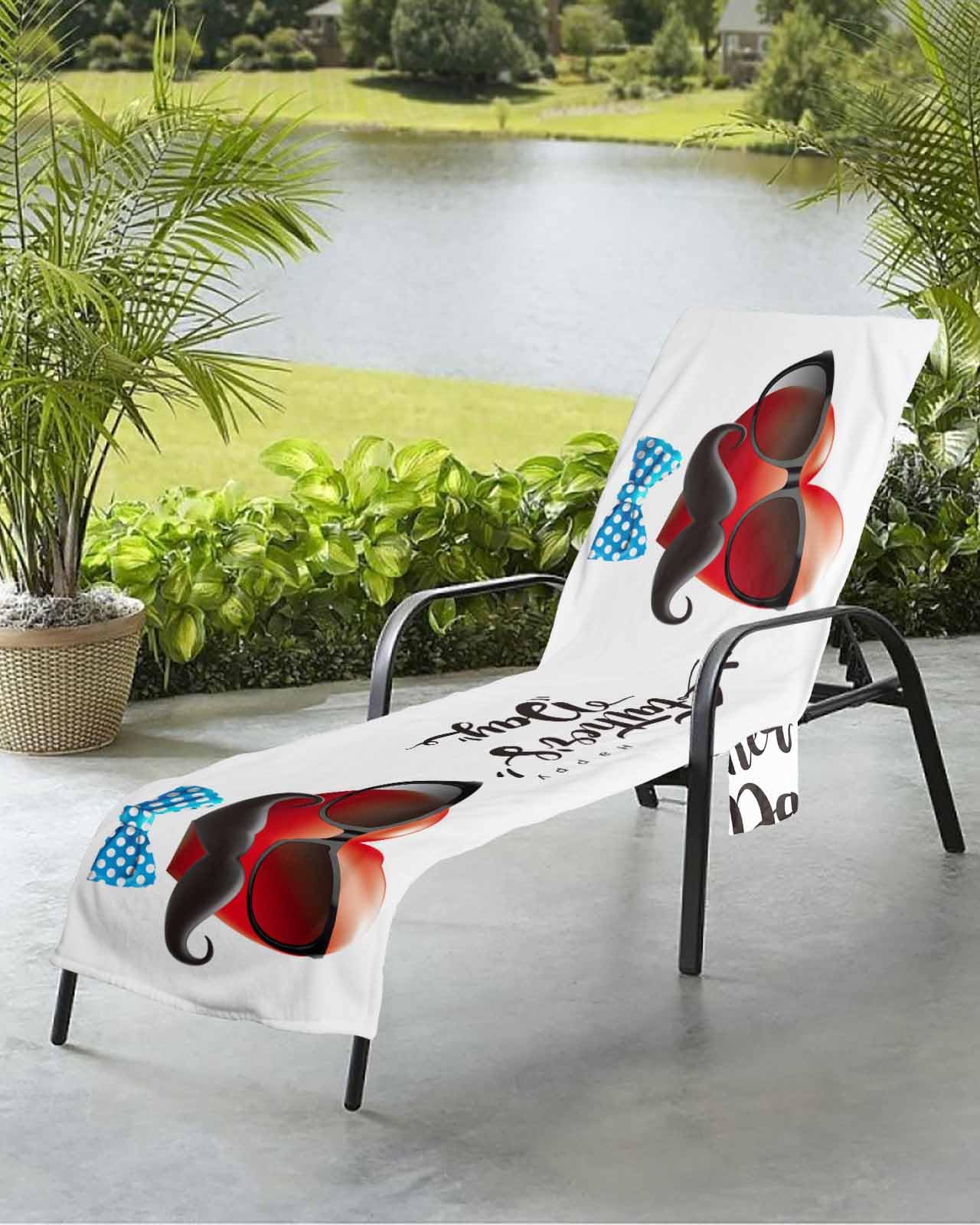 Father's Day Beach Chair Towel Covers for Chaise Lounge with Side Pocket, Soft Plush Pool Towels Cover for Patio Sunbathing Outdoor 29''x85'' Red Love Heart Tie Black Beard Sunglasses