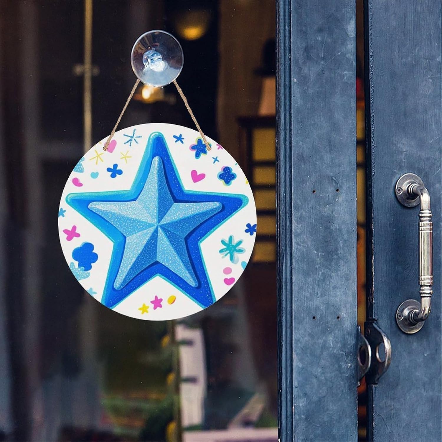 FekiLoot Cartoon Blue Star Wall Art Decor Round Wooden Hanging Door Decor Welcome Door Sign Decor Rustic Front Door Hanger for Indoor Outdoor Home Porch Window Decor