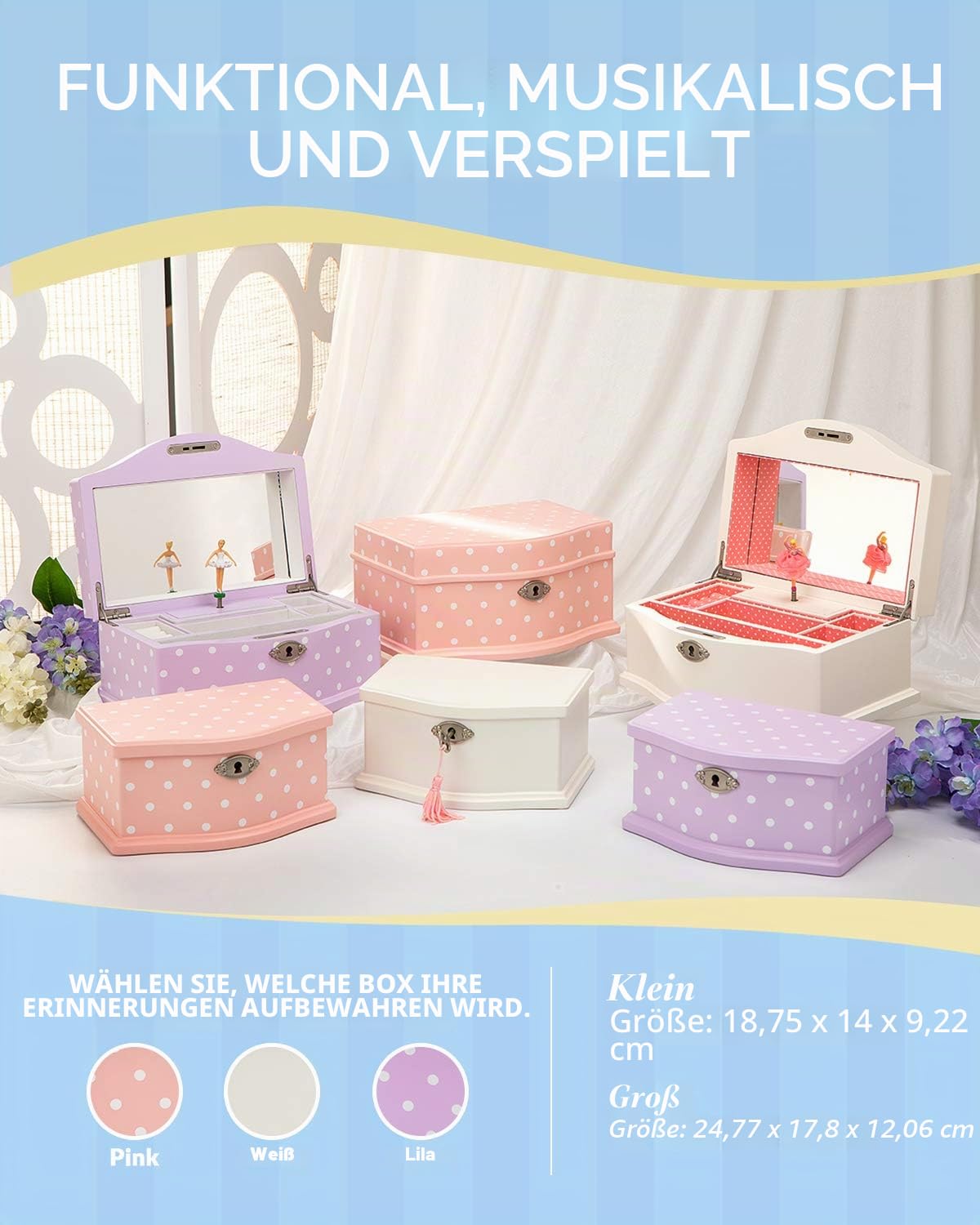 Elle Ballerina Musik Schmuckschatulle mit Schloss, Holzetui, Aufbewahrungsschachtel für Mädchen, groß (Rosa)