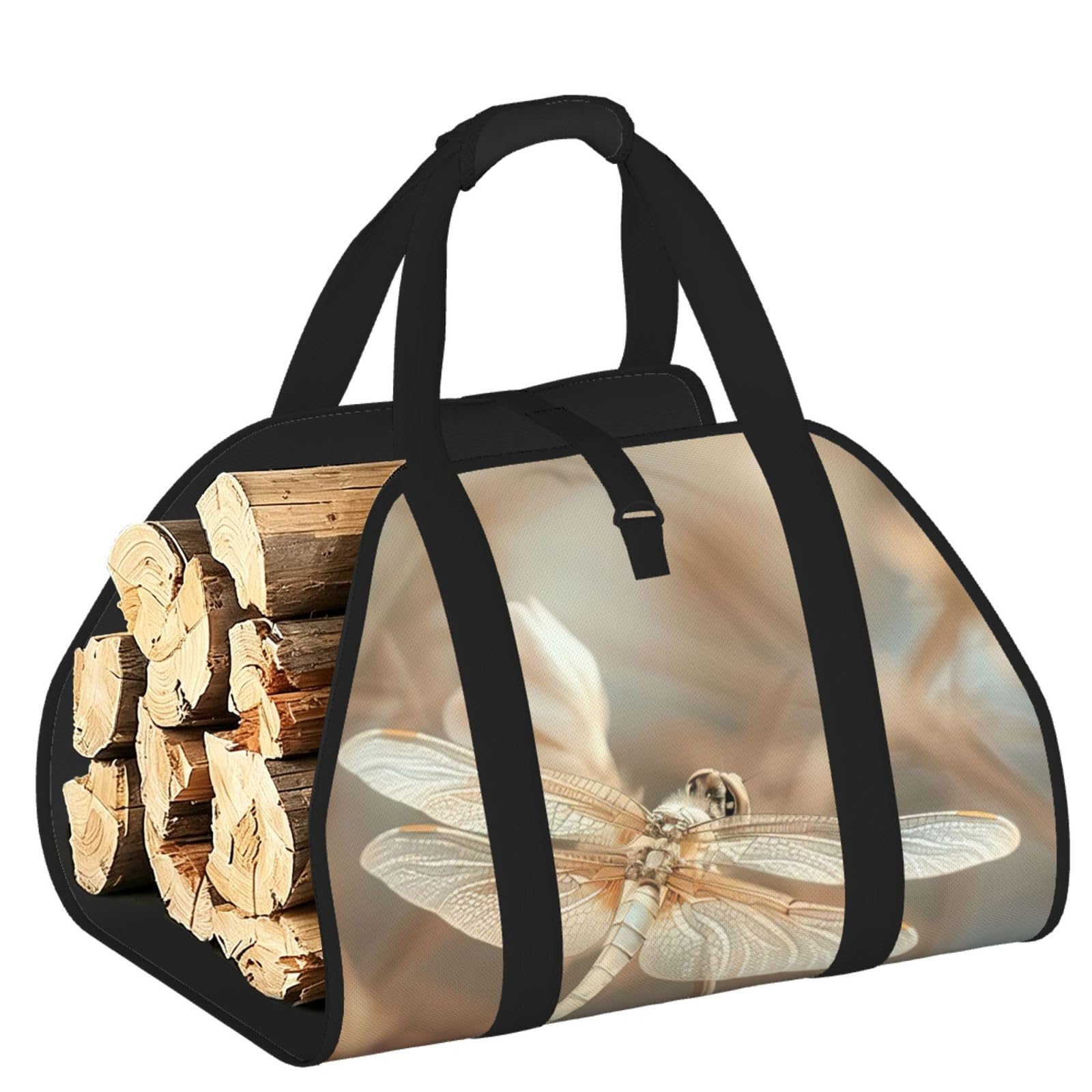 Pphgut Black Dragonfly And Flower Print Firewood Bag Wood Carrier Transport Sack Camping Picnic Storage Daily Home
