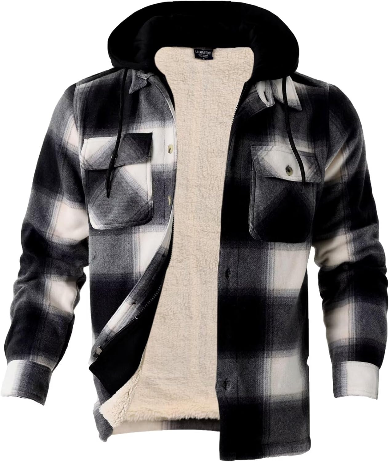 LeeHanTon Mens Flannel Jacket Heavyweight Sherpa Fleece Jackets Outdoor Hiking Casual Soft Warm Coat with Pockets