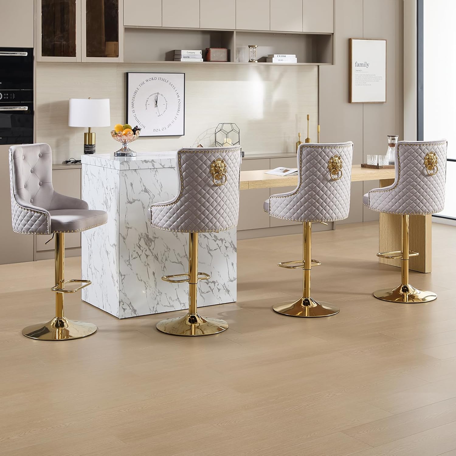 Gold Barstools Set of 2,Velvet Swivel Bar Height Stools with Lion Pull Ring,Upholstered Counter Height Stools with High Tufted Back,Modern Adjustable Bar Chairs for Kitchen Island/Cafe, Grey