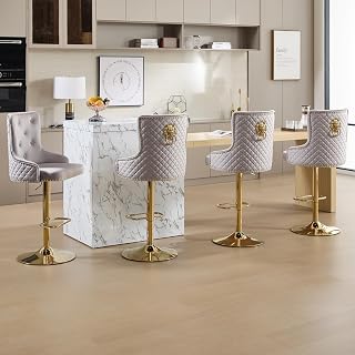 Modern Gold Bar Stools Set of 4, Velvet Adjustable Swivel Bar Chairs with Lion Pull Ring Tufted Back, Nailhead Upholstered Barstools for Kitchen Island/Dining/Home Bar Pub, Gray