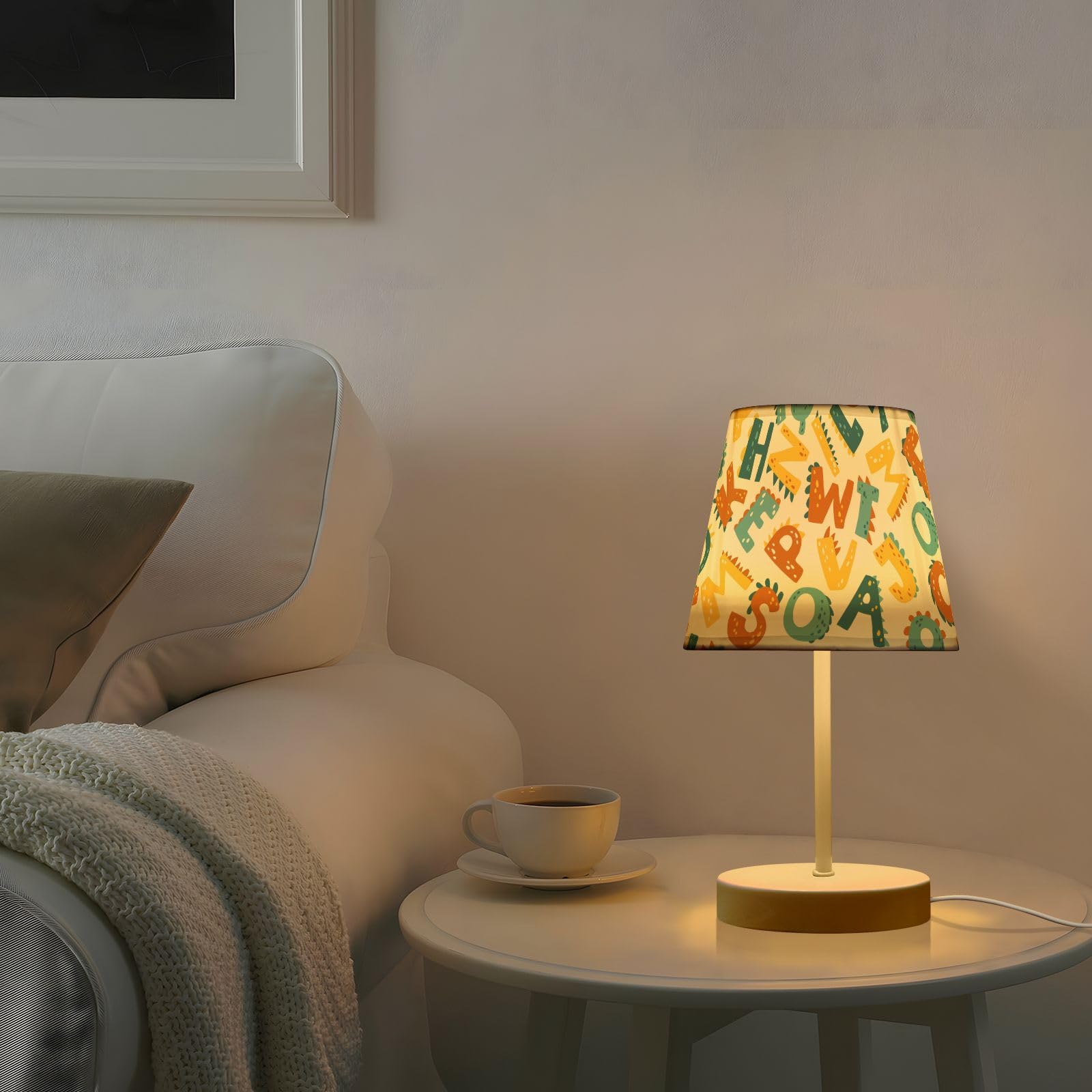Mnsruu Lámpara de mesita de noche con dibujos animados de dinosaurio, letras infantiles, lámpara de mesa, bombillas LED, lámpara de escritorio, pantallas de tela para dormitorio, sala de estar, tamaño