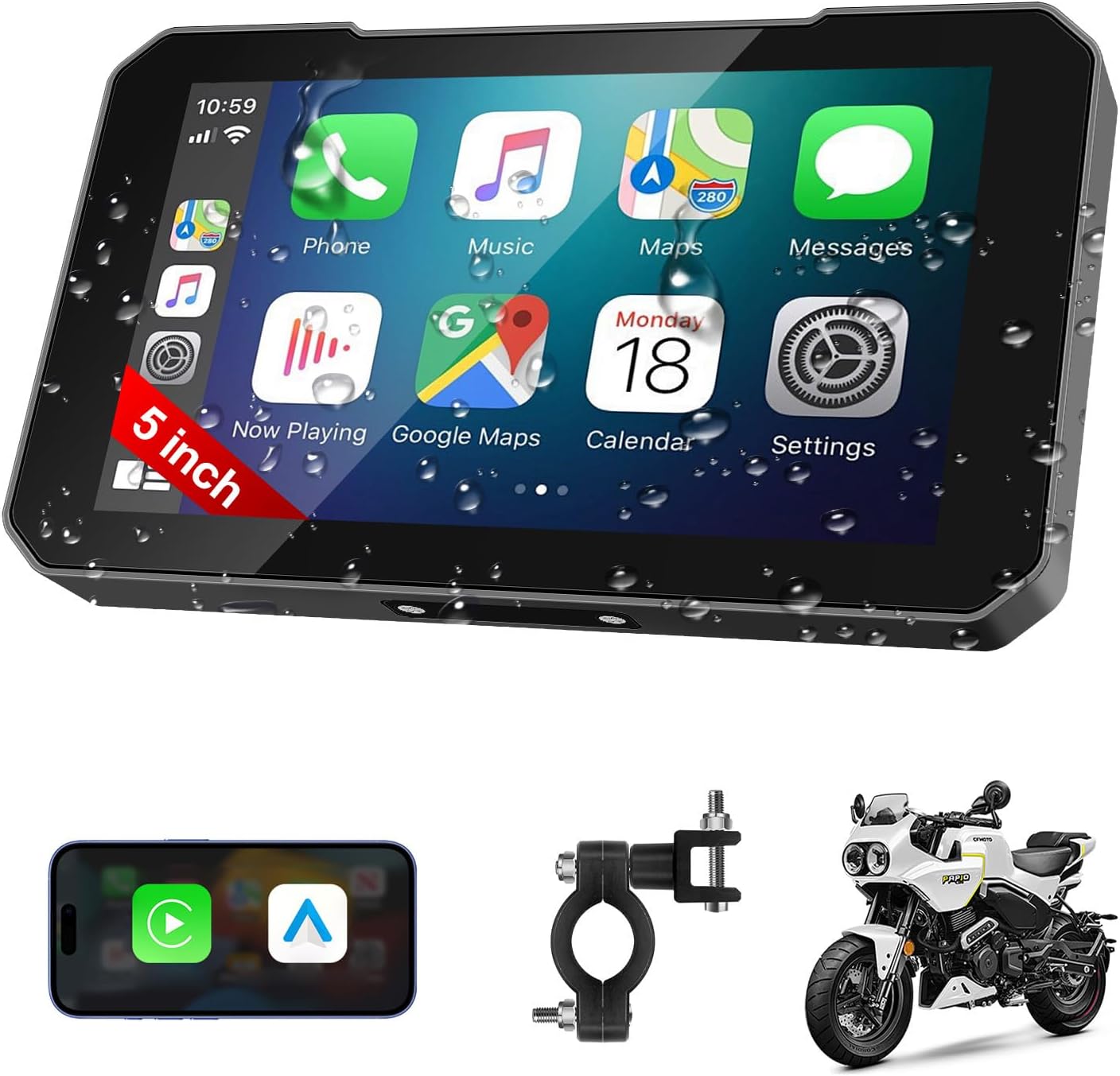 LEXXSON Motorcycle CarPlay Screen with Wireless CarPlay Android Auto, 5 Inch Waterproof Touch Screen, Motorcycle GPS with Bluetooth, Voice Control
