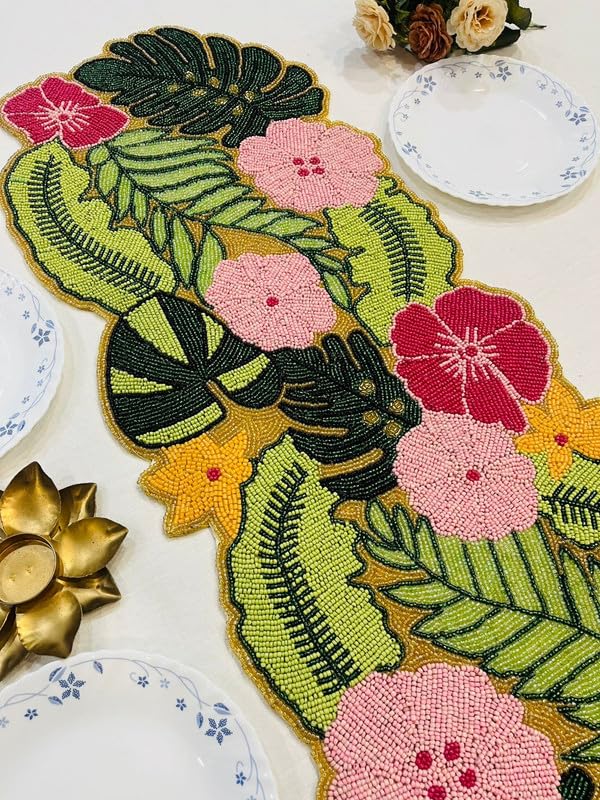 Image of MFU Made For You Hand Beaded Multicolor Floral Table Runner | 13x35 Inches | Pack of 1 | Dining Table Decor | Console Table Accent | Festival & Home Decoration