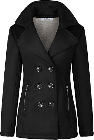BodiLove Womens Fitted Buttoned Long Sleeve Polyester Lining Soft Suede Pea Coat w/Sherpa Lining