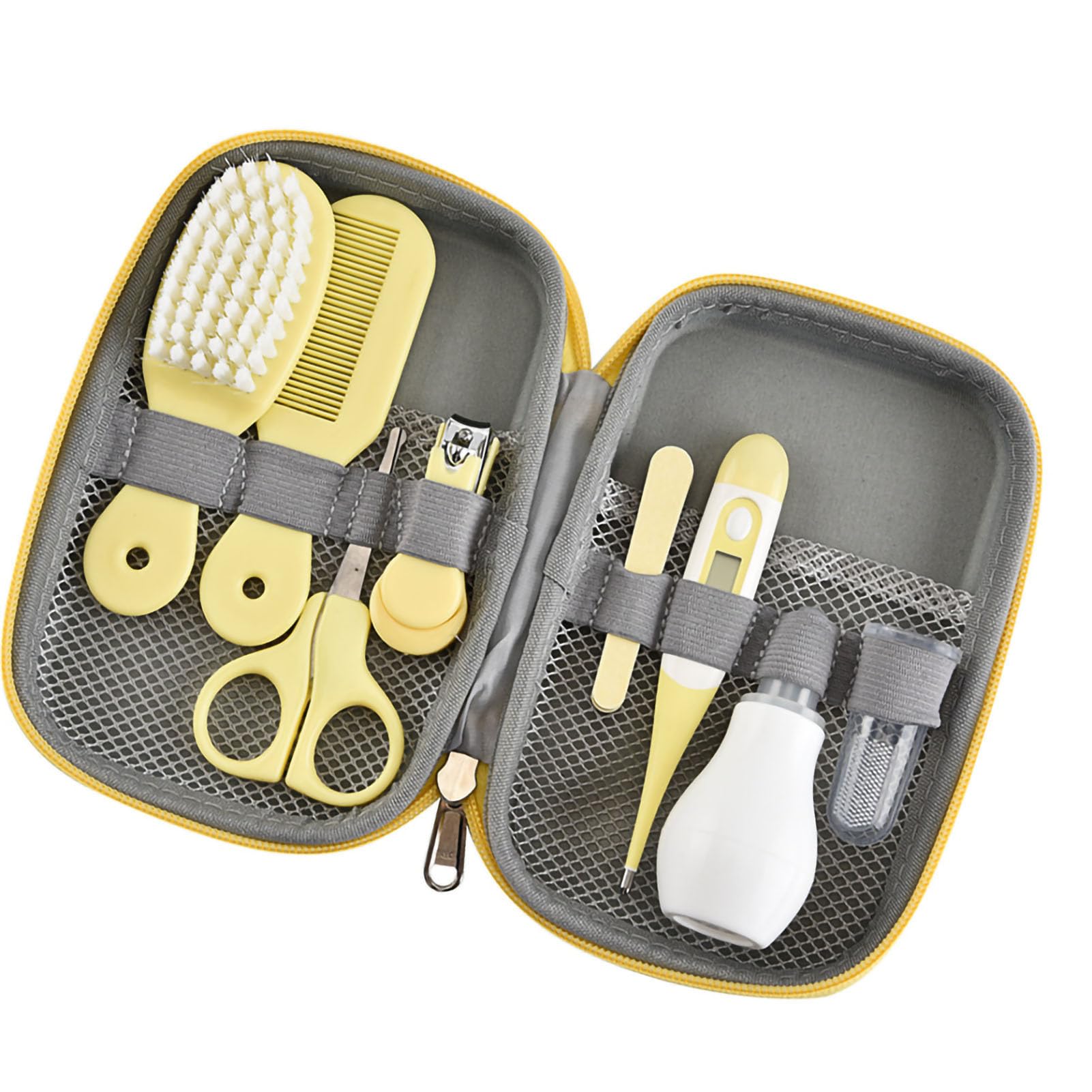 Baby-Pflegeset, tragbares Sicherheitspflegeset mit Haarbürste, Nagelknipser, Nasenreiniger, Fingerzahnbürste, Schere, Neugeborenenpflege für und Mädchen (Gelb)