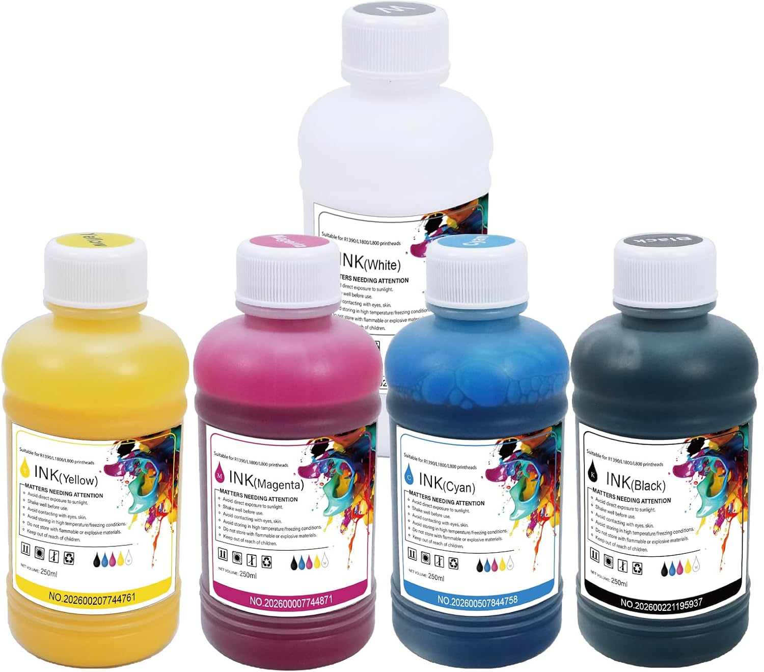 DTF Ink 250ML (8.5 oz) - Full Set CMYK + Double White for PET Film Heat Transfer Printing, DTF Pigment Ink Refill (6 Bottles)