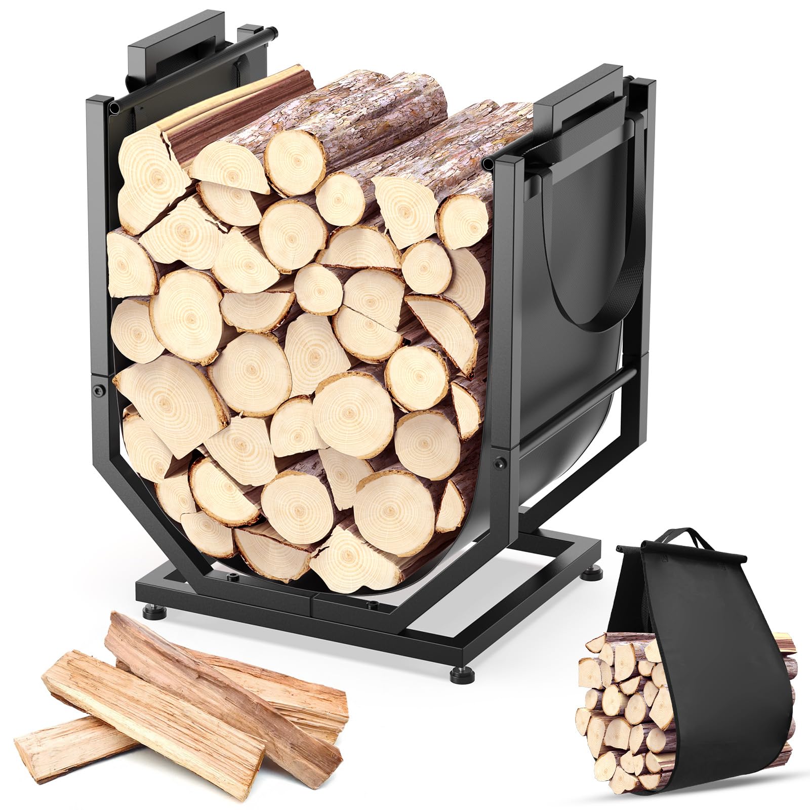 Firewood Rack, Indoor/Outdoor Firewood Holder with Firewood Carrier Bag, Thickened Metal Fireplace Log Holder with Adjustable Feet, Black