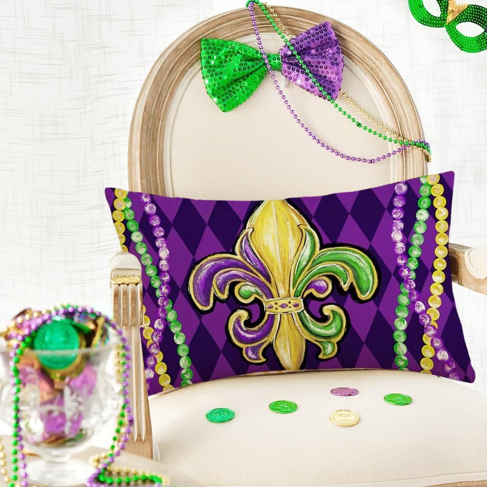 RABUSOFA Mardi Gras Pillow Covers 12x20 Inch,Fleur De Lis Lumbar Decorative Throw Pillows,Purple Beads Outdoor Pillow Cases Decorations Holiday Party Couch Sofa (12" x 20") - Image 5