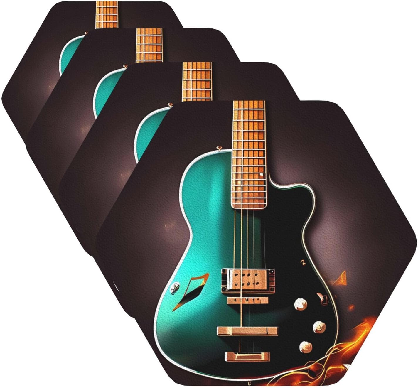 Coasters for Drinks Set of 4 Leather Tea Cup Coaster Drink Coasters for Cup Kitchen Bar Home Decor Housewarming Gift Music Green Guitar