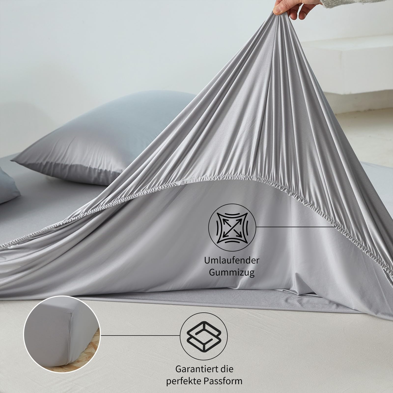 Sommer Satin Spannbettlaken Kühlend 140x200 cm Grau Hellgrau Spannbetttuch 90% Nylon + 10% Elastan，Q-Max > 0,4, Elastisches Bettlaken bis 30cm Matratzenhöhe, für Nachtschweiß & Warme Schläfer