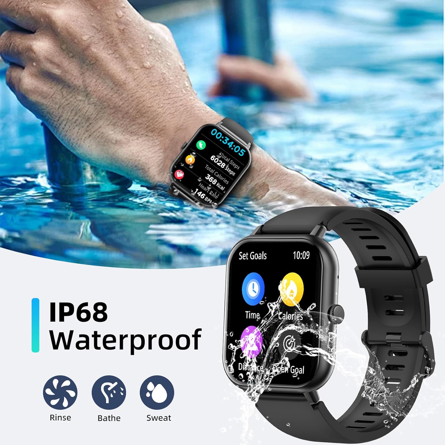PEJE Smart Watch being splashed with water, illustrating its IP68 waterproof rating.