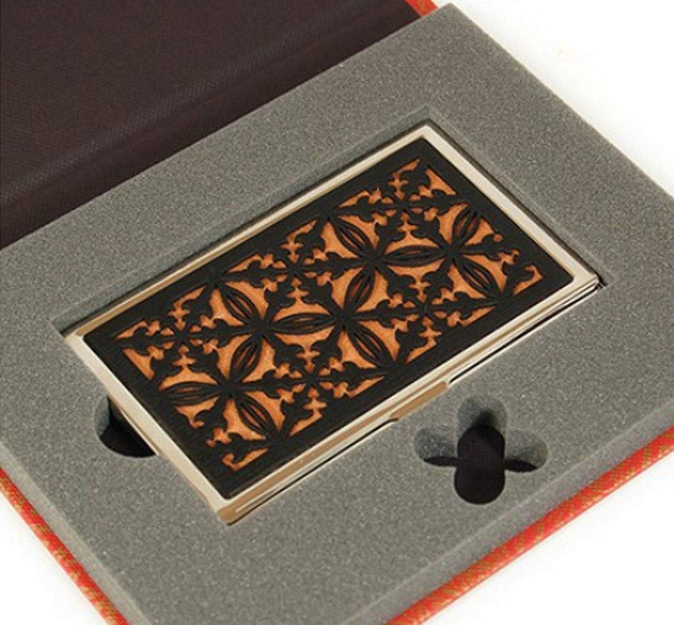 kalavinka Business Card Case Holder Pattern of Korean Palace with Gift Box for Business Christmas Birthday Gift, Real Leather & Stainless, Black