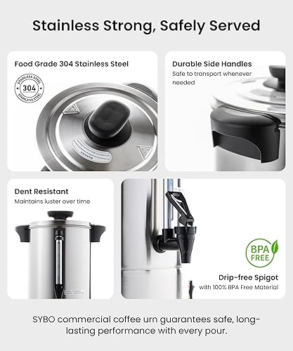 Miniatura 3 de SYBO Urna de café comercial de 120 tazas y dispensador de bebidas calientes, fabricante de percolado de acero inoxidable, preparación rápida que