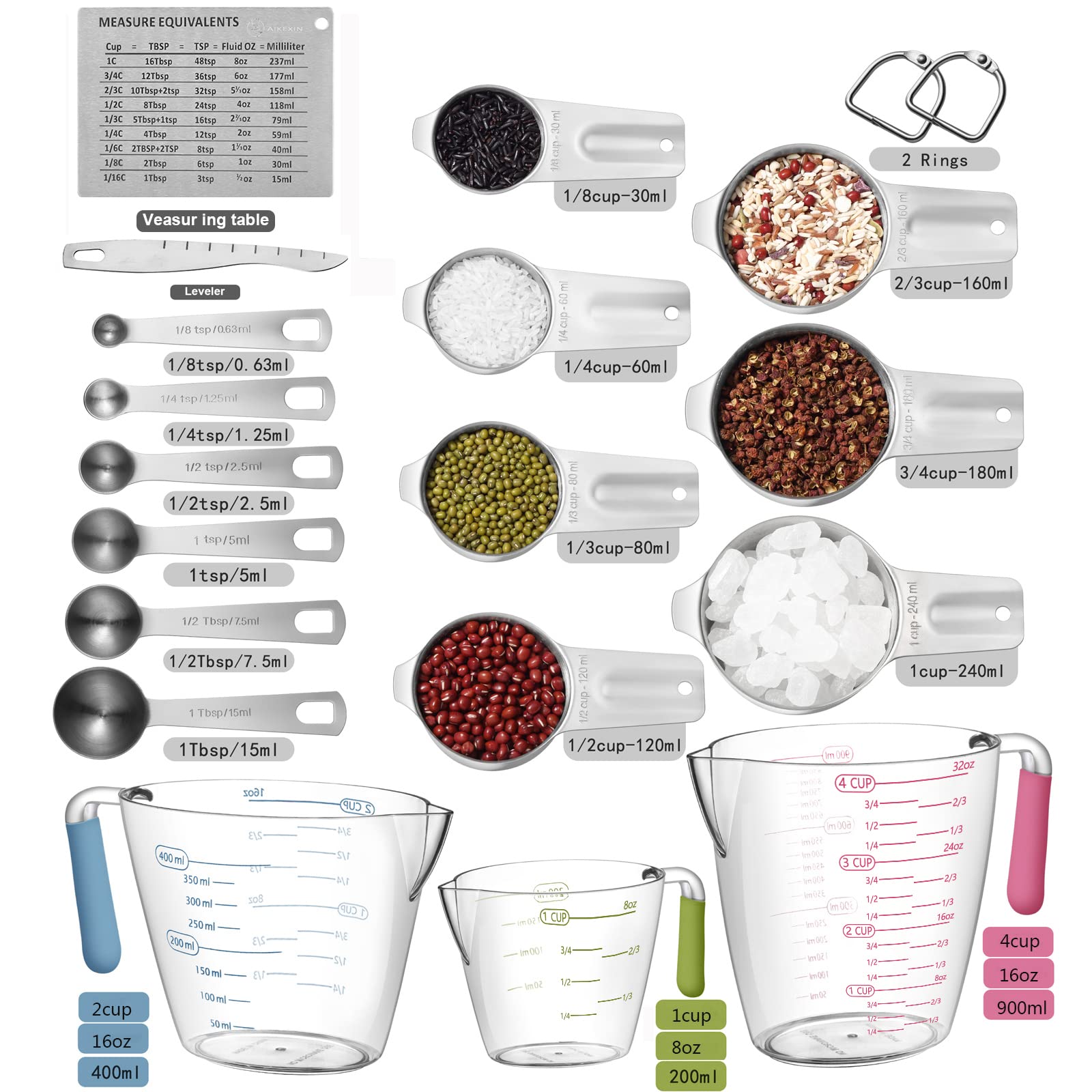 AIKEXIN Messbecher und Löffel Set 18-teilig, enthält 13 Edelstahl-Messbecher Löffel & 3 Kunststoff-Messbecher & Umrechnungstabelle & Nivellierer, flüssige und trockene Metallmessbecher-Set