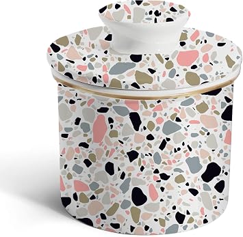 Ceramic Butter Dish With Pink Terrazzo Marble Print,Cute French Butter Crock for Counter Butter Container Keeper Storage Fresh Spreadable Butter with Lid for Home Kitchen Decor