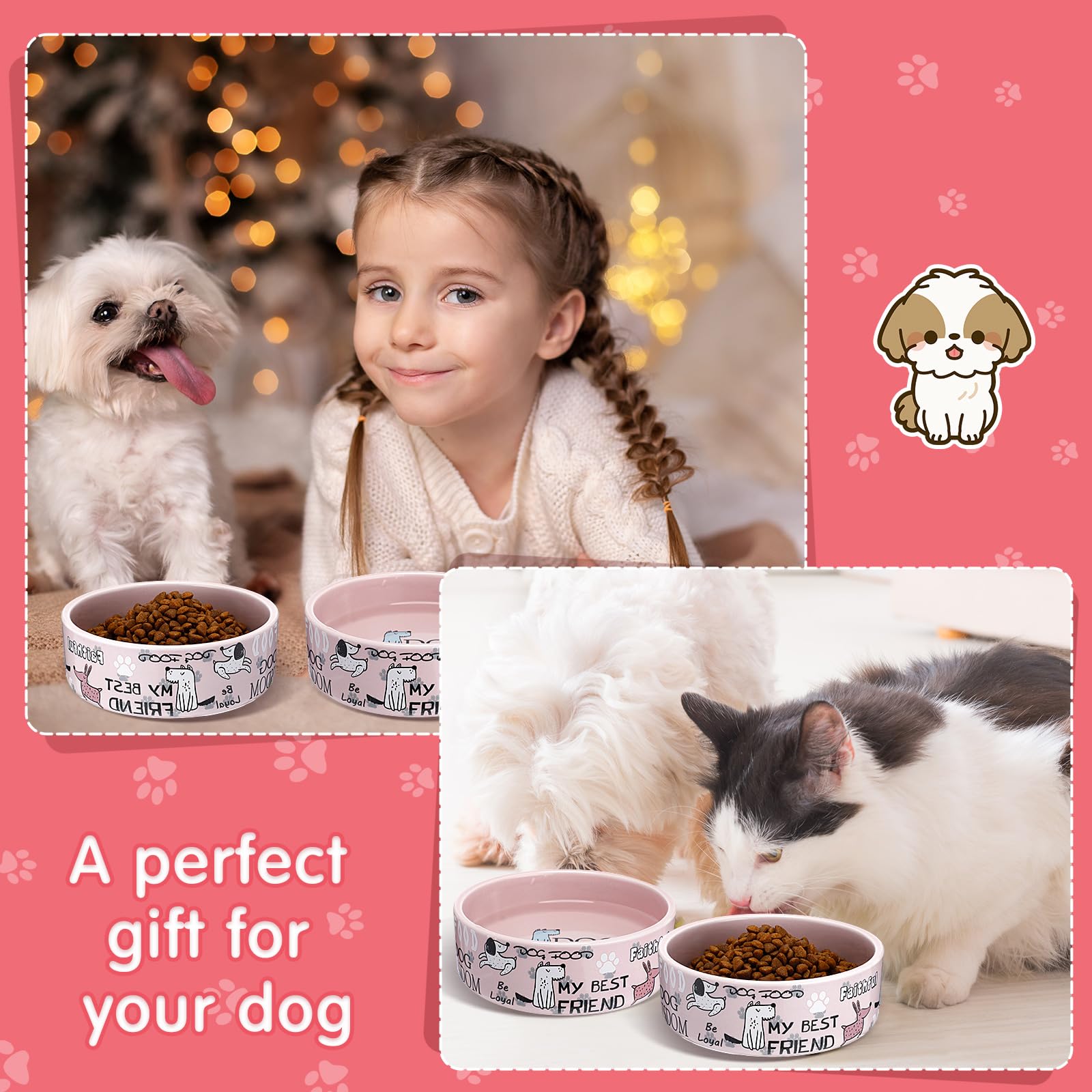 Maxcheck 2 cuencos de cerámica para perros de 5 pulgadas para perros pequeños, lindos cuencos de dibujos animados para cachorros y gatos, platos pesados para alimentos y agua, para mascotas, para