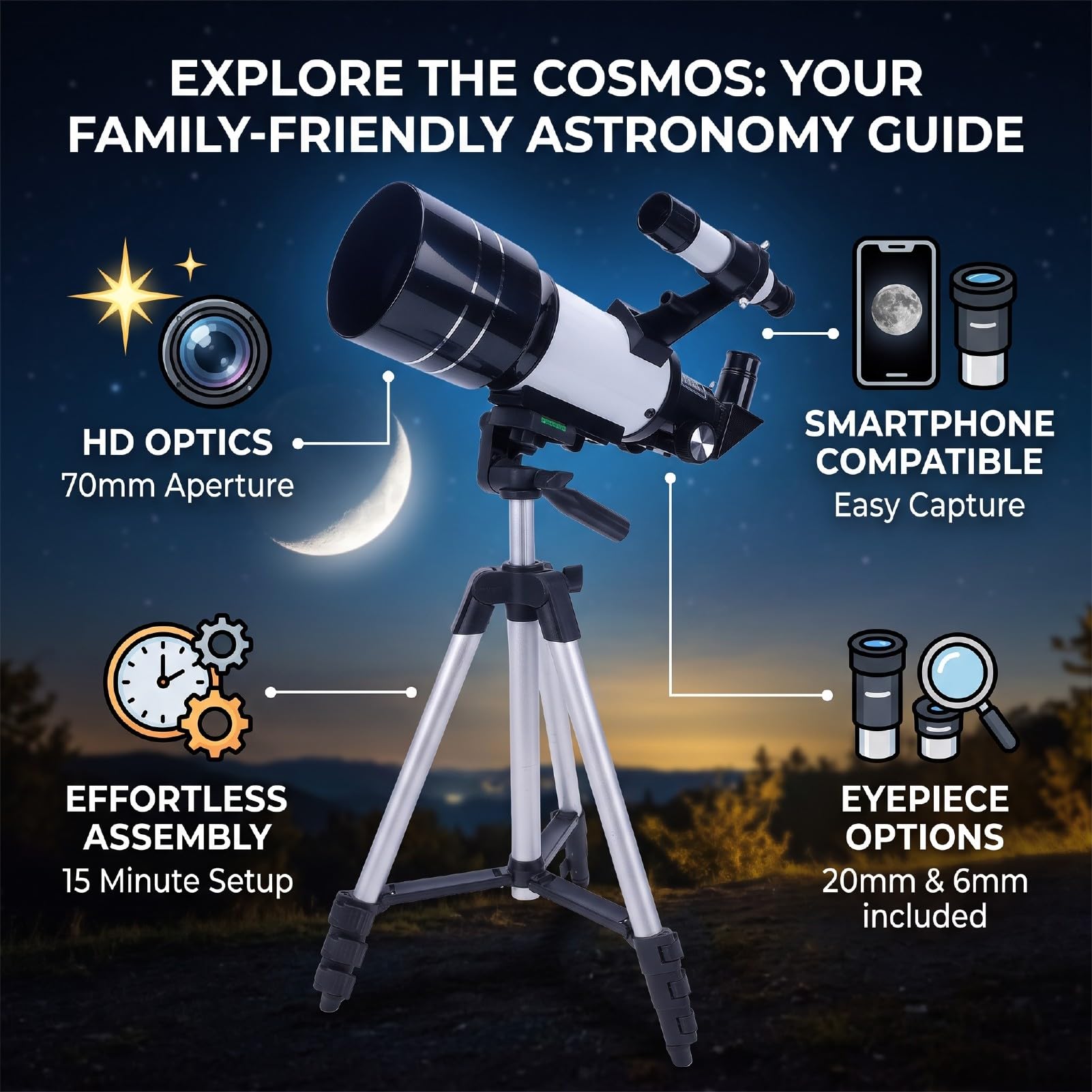 Astronomia Teleskop, 70mm Apertura, 300mm Ogniskowa | Wielowarstwowe Szkło Optyczne, Powiększenie od 15x do 50x, w Zestawie Uchwyt na Telefon, łatwy montaż w 15 Minut, Przenośna