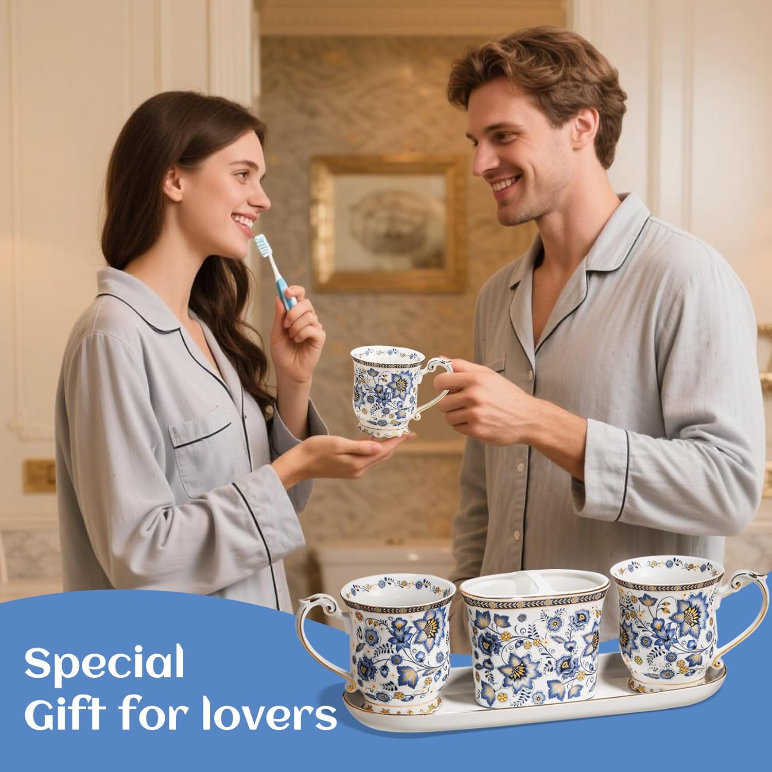 ACMLIFE Ceramic Bathroom Accessory Set, 4 Pcs - Includes Toothbrush Cup* 2, Toothbrush Holder*1 & Tray - Blue and White, Porcelain Bathroom Sets Gift for Home - Aesthetic Bathroom Decor